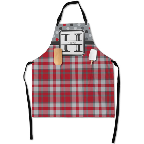 Custom Red & Gray Dots and Plaid Apron With Pockets w/ Name and Initial