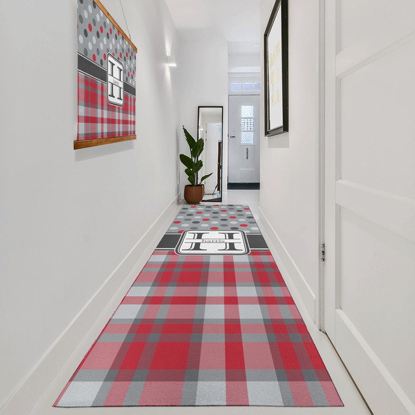 Red & Gray Dots and Plaid Area Rug Sizes - In Context (vertical)