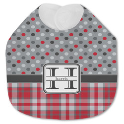 Red & Gray Dots and Plaid Jersey Knit Baby Bib w/ Name and Initial