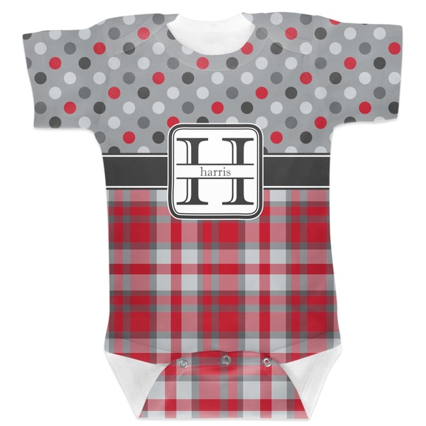 Custom Red & Gray Dots and Plaid Baby Bodysuit 0-3 (Personalized)