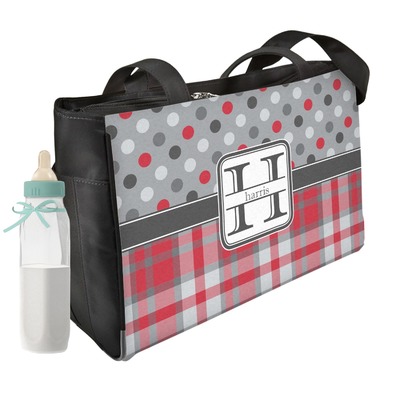 Red & Gray Dots and Plaid Diaper Bag w/ Name and Initial