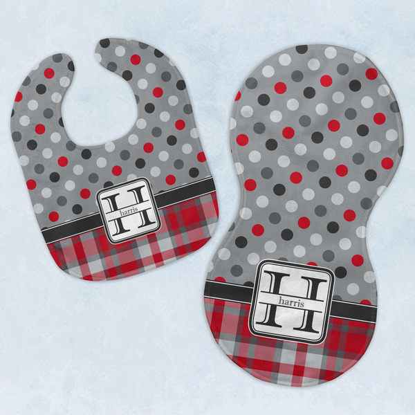 Custom Red & Gray Dots and Plaid Baby Bib & Burp Set w/ Name and Initial