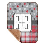 Red & Gray Dots and Plaid Sherpa Baby Blanket - 30" x 40" w/ Name and Initial