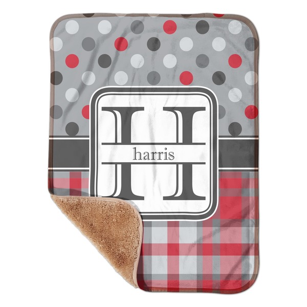 Custom Red & Gray Dots and Plaid Sherpa Baby Blanket - 30" x 40" w/ Name and Initial