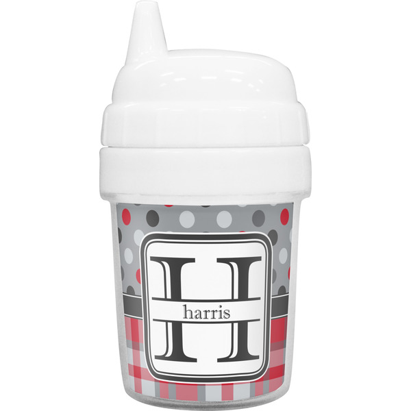 Custom Red & Gray Dots and Plaid Baby Sippy Cup (Personalized)