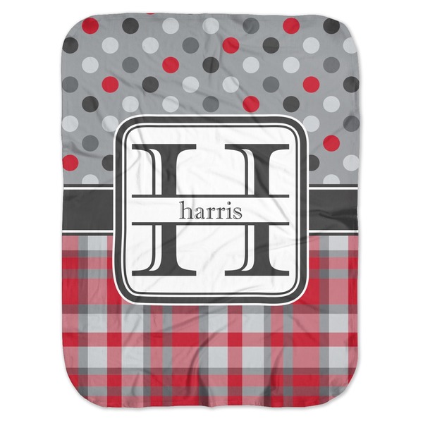 Custom Red & Gray Dots and Plaid Baby Swaddling Blanket (Personalized)