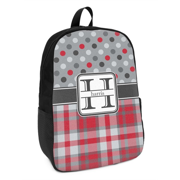 Custom Red & Gray Dots and Plaid Kids Backpack (Personalized)