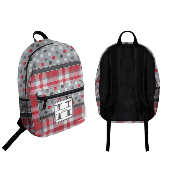 Red & Gray Dots and Plaid Backpack front and back - Apvl