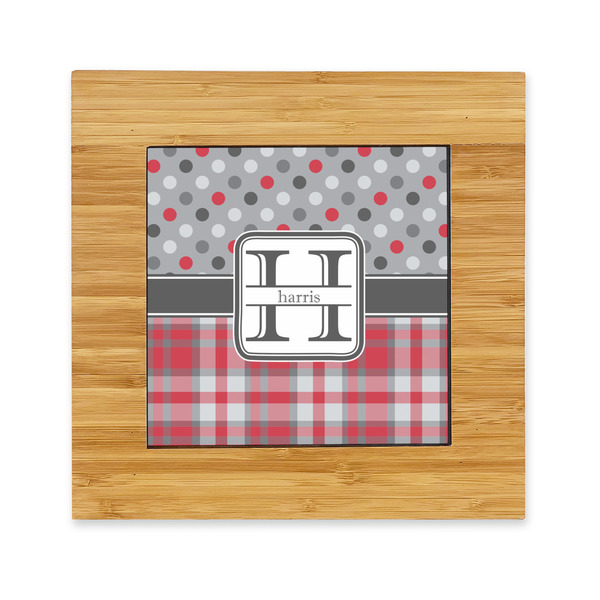 Custom Red & Gray Dots and Plaid Bamboo Trivet with Ceramic Tile Insert (Personalized)