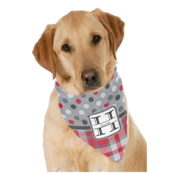 Custom Red & Gray Dots and Plaid Dog Bandana Scarf w/ Name and Initial