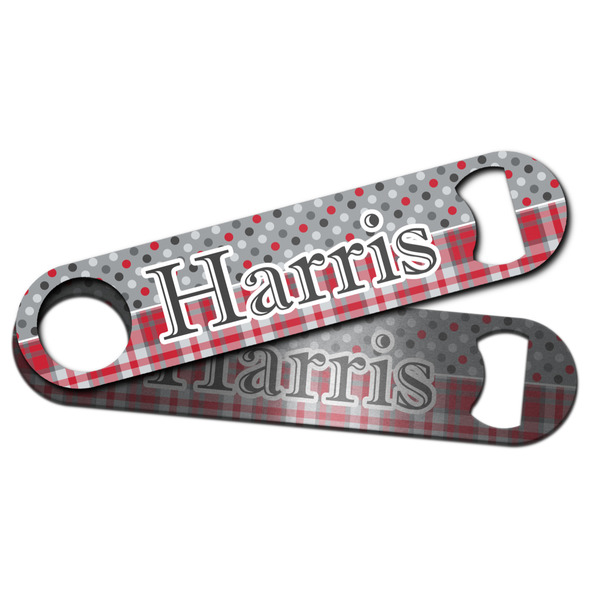 Red & Gray Dots and Plaid Bar Bottle Opener - Main