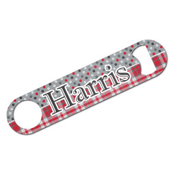Red & Gray Dots and Plaid Bar Bottle Opener w/ Name and Initial