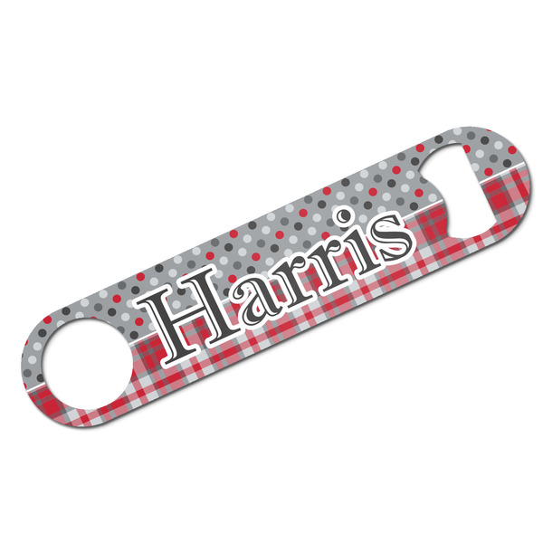 Custom Red & Gray Dots and Plaid Bar Bottle Opener w/ Name and Initial