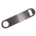 Red & Gray Dots and Plaid Bar Bottle Opener - Silver w/ Name and Initial
