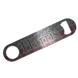 Red & Gray Dots and Plaid Bar Bottle Opener - Silver w/ Name and Initial