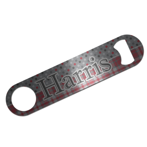 Custom Red & Gray Dots and Plaid Bar Bottle Opener - Silver w/ Name and Initial