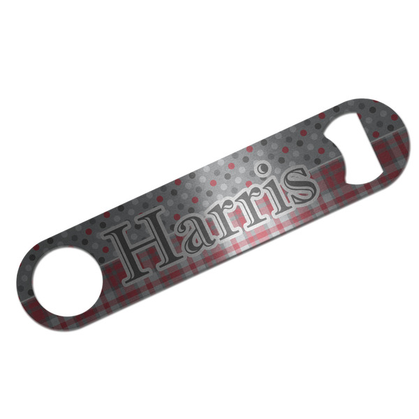 Red & Gray Dots and Plaid Bar Opener - Silver - Front
