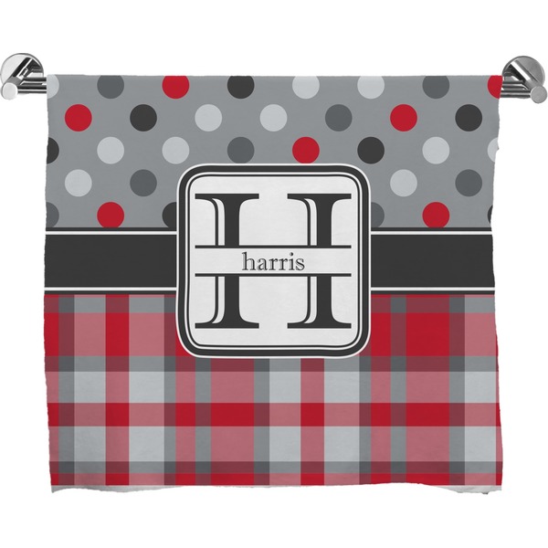 Custom Red & Gray Dots and Plaid Bath Towel (Personalized)