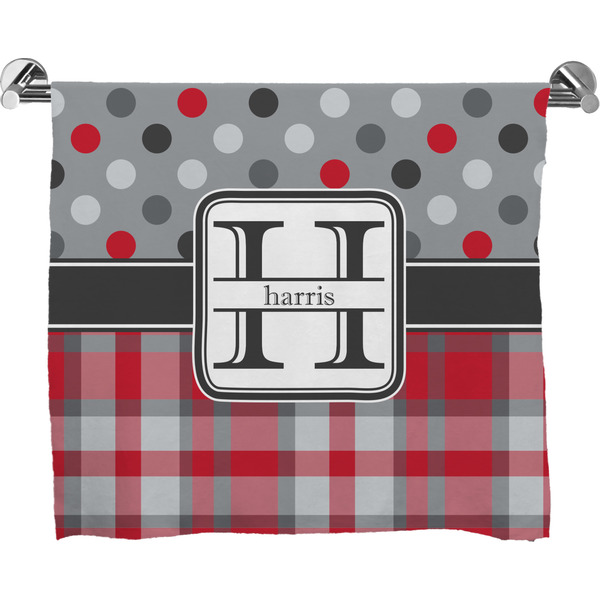 Custom Red & Gray Dots and Plaid Bath Towel (Personalized)