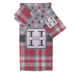 Red & Gray Dots and Plaid Bath Towel Set - 3 Pcs (Personalized)