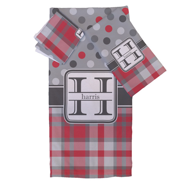Custom Red & Gray Dots and Plaid Bath Towel Set - 3 Pcs (Personalized)