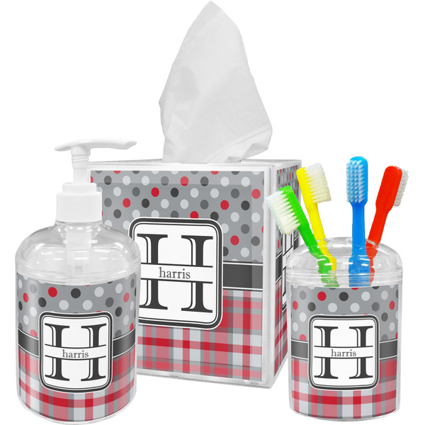 Red & Gray Dots and Plaid Bathroom Accessories Set (Personalized)