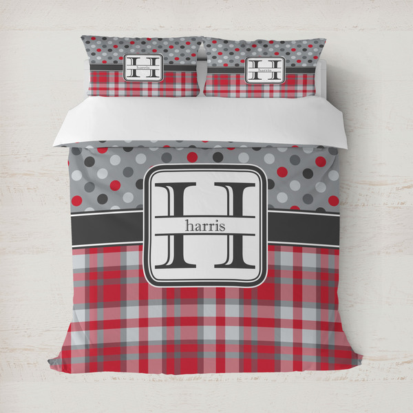 Custom Red & Gray Dots and Plaid Duvet Cover Set - Full / Queen (Personalized)