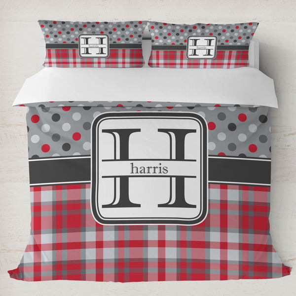 Custom Red & Gray Dots and Plaid Duvet Cover Set - King (Personalized)