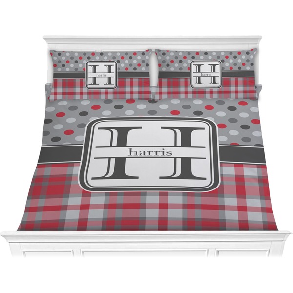 Custom Red & Gray Dots and Plaid Comforter Set - King (Personalized)