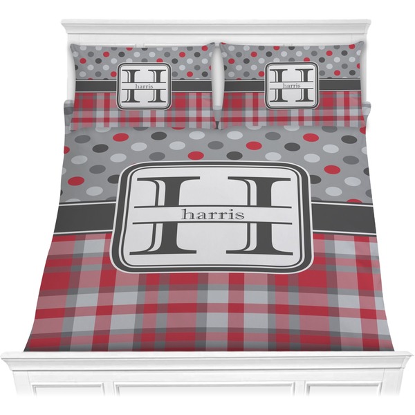Custom Red & Gray Dots and Plaid Comforter Set - Full / Queen (Personalized)