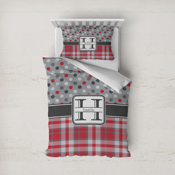 Custom Red & Gray Dots and Plaid Duvet Cover Set - Twin (Personalized)