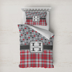 Red & Gray Dots and Plaid Duvet Cover Set - Twin XL (Personalized)