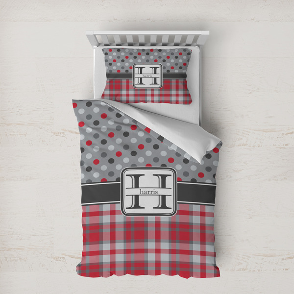 Custom Red & Gray Dots and Plaid Duvet Cover Set - Twin XL (Personalized)