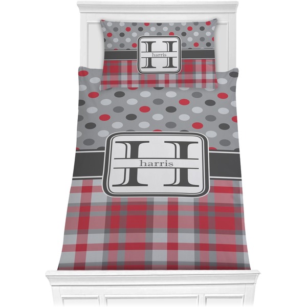 Custom Red & Gray Dots and Plaid Comforter Set - Twin (Personalized)