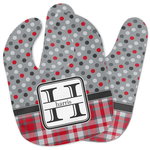 Custom Red & Gray Dots and Plaid Baby Bib w/ Name and Initial