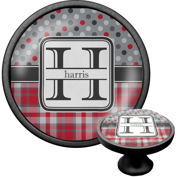Custom Red & Gray Dots and Plaid Cabinet Knob (Black) (Personalized)
