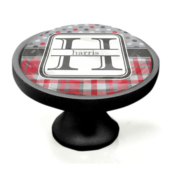 Red & Gray Dots and Plaid Black Custom Cabinet Knob (Side)