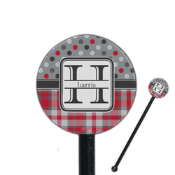 Red & Gray Dots and Plaid 5.5" Round Plastic Stir Sticks - Black - Double Sided (Personalized)