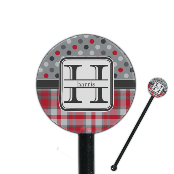 Custom Red & Gray Dots and Plaid 5.5" Round Plastic Stir Sticks - Black - Single Sided (Personalized)