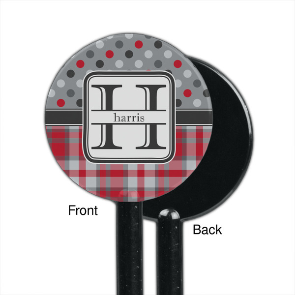 Red & Gray Dots and Plaid Black Plastic 5.5" Stir Stick - Single Sided - Round - Front & Back