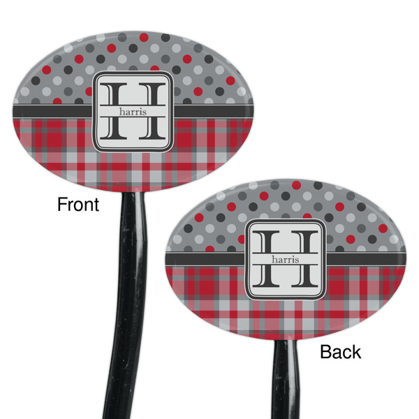 Red & Gray Dots and Plaid Black Plastic 7" Stir Stick - Double Sided - Oval - Front & Back