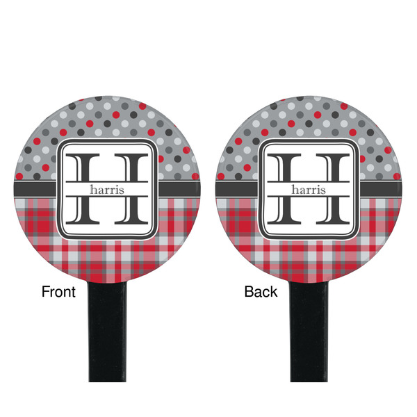 Red & Gray Dots and Plaid Black Plastic 7" Stir Stick - Double Sided - Round - Front & Back