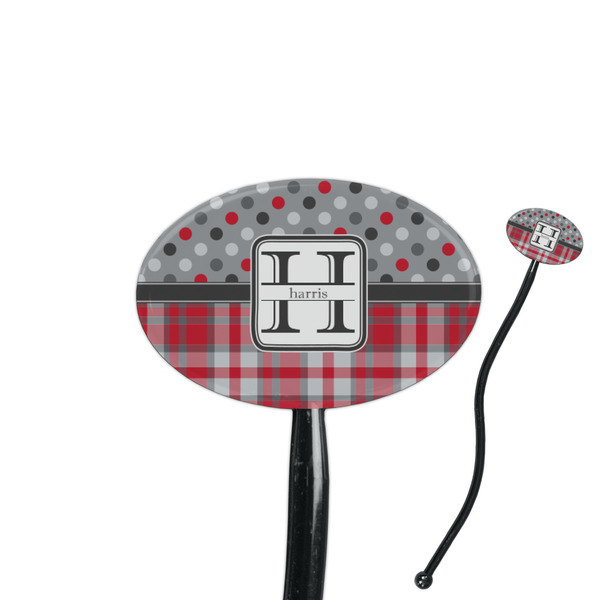 Custom Red & Gray Dots and Plaid 7" Oval Plastic Stir Sticks - Black - Single Sided (Personalized)