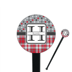 Red & Gray Dots and Plaid 7" Round Plastic Stir Sticks - Black - Single Sided (Personalized)