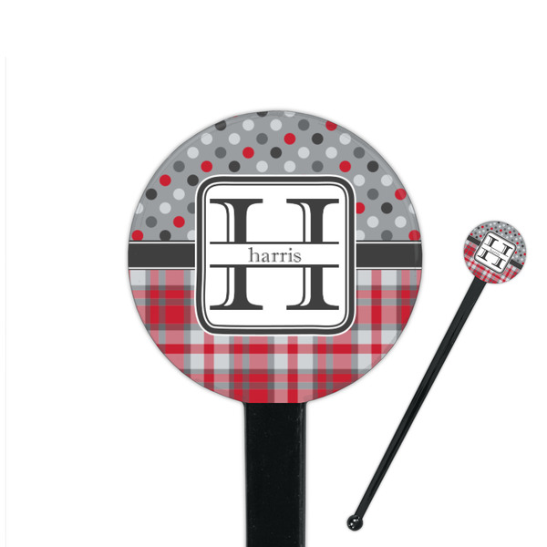 Custom Red & Gray Dots and Plaid 7" Round Plastic Stir Sticks - Black - Single Sided (Personalized)