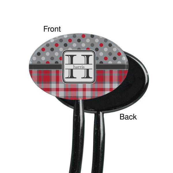 Red & Gray Dots and Plaid Black Plastic 7" Stir Stick - Single Sided - Oval - Front & Back