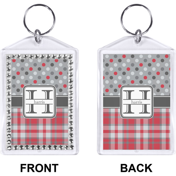 Red & Gray Dots and Plaid Bling Keychain (Front + Back)