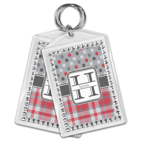 Red & Gray Dots and Plaid Bling Keychain - MAIN