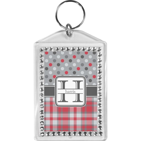 Custom Red & Gray Dots and Plaid Bling Keychain (Personalized)
