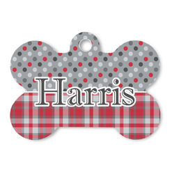 Red & Gray Dots and Plaid Bone Shaped Dog ID Tag (Personalized)